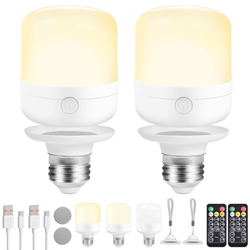 E26 Rechargeable Light Bulbs with Remote Control Timer and 3 Color Temperature Battery Operated Light Bulbs, 350LM, Detachable Charging, Dimmer Emergency LED Light Bulbs for Non-Hardwired Spaces