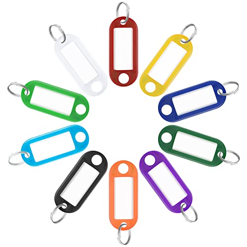 Uniclife 2 Inch Tough Plastic Key Tags in 10 Assorted Colors Item Identifiers Markers with Blank Paper Labels Protective Plastic Films and Split Rings, 10 Pack