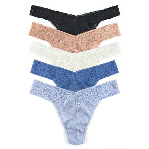 hanky panky, Daily Lace Original Rise Thong Color Play 5 Pack, OS (fits 4-14) Black, Taupe, Marshmallow, Stormcloud Blue, Grey Mist