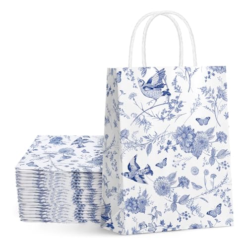 Generic AnyDesign 32Pcs Floral Paper Gift Bags Blue White Flower Bird Party Favor Bags with Handles Chinoiserie Hydrangea Branches Goodie Candy Treat Bags for Wedding Birthday Supplies