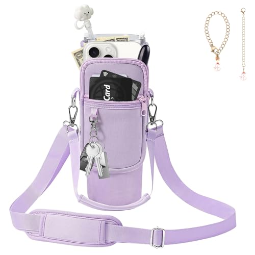 Generic Water Bottle Carrier Bag with Phone Pocketfor Stanley 40_30 oz, Water Bottle Holder with Adjustable Shoulder Strap and Charm(Purple), large