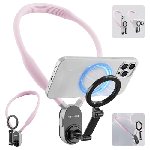 REYGEAK Magnetic POV_Vlog Phone Neck Mount Holder for Magsafe iPhone 15_14_13_12 Pro Mini_Plus_Pro_Pro Max, Hand Free Chest Stand Video Recording for Mobile Phone Accessory (Sakura Pink)