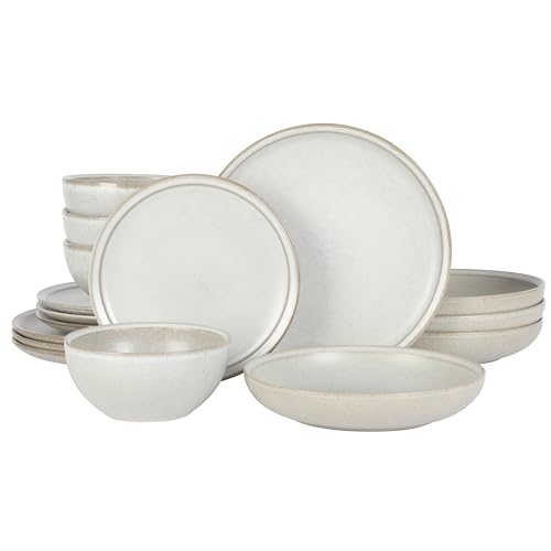 Gibson Elite Beckett Stoneware Matte Reactive Glaze 16 Piece (Service for 4) Plates and Bowls Dinnerware Set - Linen White