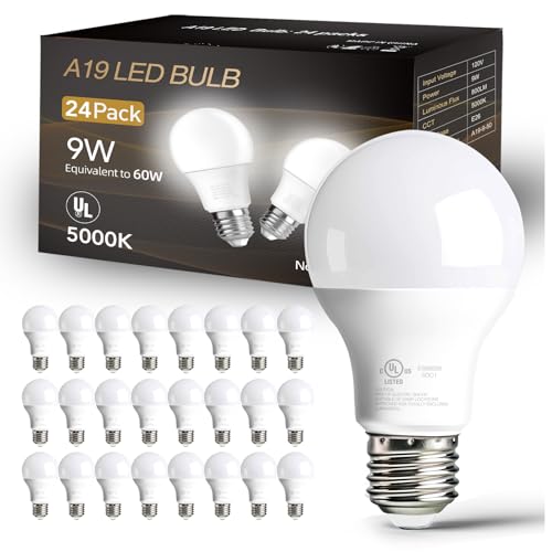 dalattin 24 Pack LED Bulbs Daylight White 5000K, 60 Watt Equivalent A19 Standard Bulbs, E26 Base, 800 LM, Efficient 9W Energy Saving, Non-Dimmable, 80+ CRI, 120V, UL Listed, for Living Room, Office