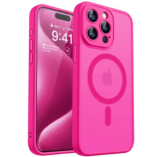 CANSHN Magnetic Compatible with iPhone 15 Pro Max Case, Upgraded [Full Camera Protection] [Compatible with Magsafe] [Translucent Matte] Shockproof Protective Phone Case Cover 6.7 Inch - Hot Pink