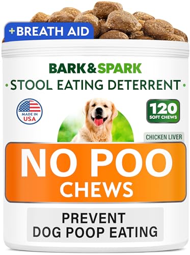 Bark&Spark NO Poo Treats - Prevent Dog Poop Eating - Coprophagia Treatment - Stool Eating Deterrent - Probiotics & Enzymes - Digestive Health + Breath Aid - 120 Soft Chews - USA Made - Chicken Liver