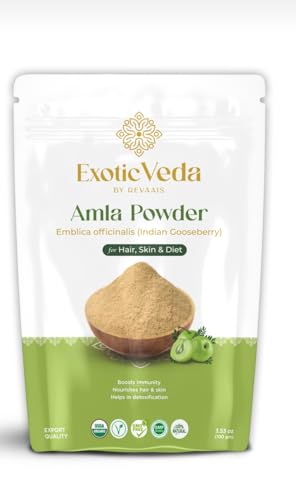 Exotic Veda Organic Amla Powder Herbal Supplement Indian Gooseberry or Emblica Officinalis Helps Detoxify, Boost Immunity, Hair Growth & Long Hairs, Promotes Eye Health, 100zz Natural, Non-GMO (100g)