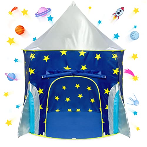 USA Toyz Rocket Ship Pop Up Kids Tent – Spaceship Rocket Indoor Playhouse Tent for Boys and Girls with Included Space Projector Toy and Kids Tent Storage Carry Bag