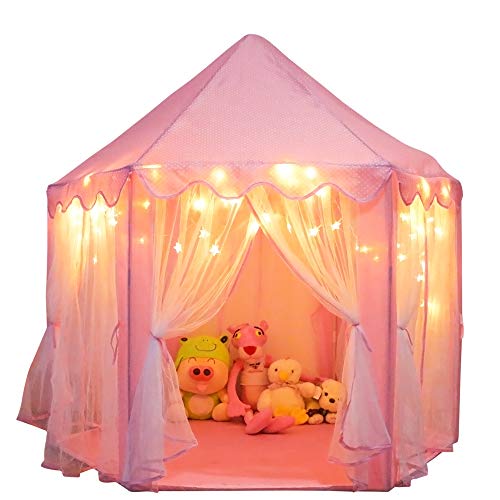 ORIAN Princess Castle Playhouse Tent for Girls with LED Star Lights – Indoor & Outdoor Large Kids Play Tent for Imaginative Games – ASTM Certified, 230 Polyester Taffeta. Pink 55″x53″.