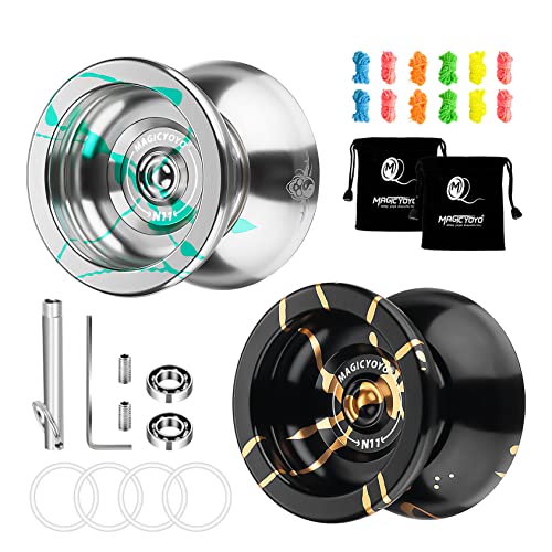 MAGICYOYO N11 Professional Unresponsive Yoyo Alloy Aluminum YoYo Ball with 2 Bags + 12 Yoyo Strings, Responsive Bearings Kit -N11 Silver Green and N11 Black Golden