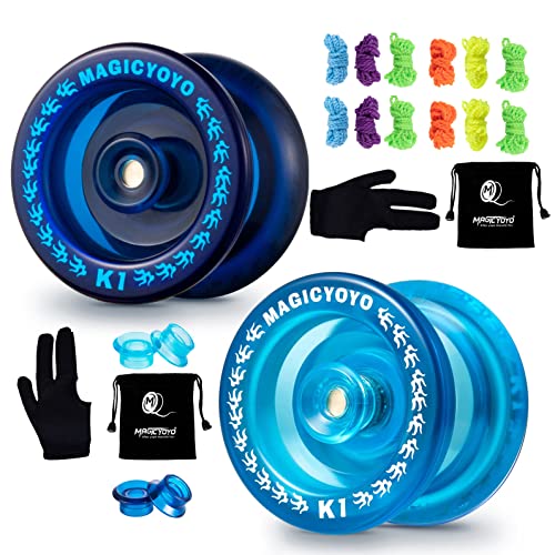 MAGICYOYO Pack of 2 Yoyos for Kids, K1 MAGICYOYO Responsive YoYos with 2 Yoyo Sacks + 12 Strings and 2 Yo-Yo Gloves Gift ( Dark Blue & Crystal Blue)