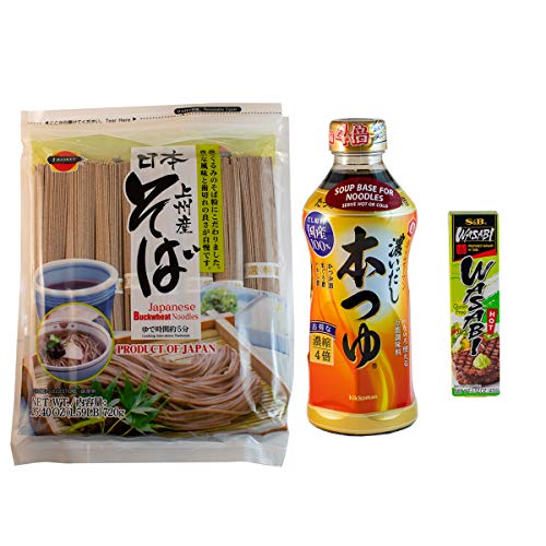Soba Noodles, Soba Sauce, Wasabi Paste – Dried Soba Buckweat Noodles, Soba Noodle Soup Base, Tube of Wasabi Paste