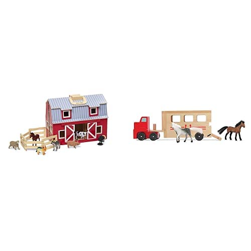 Melissa & Doug Fold & Go Barn Set: Multicolor Wooden Horse Carrier with 6 Animal Figures