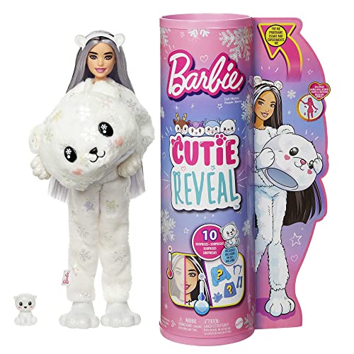 Barbie Cutie Reveal Doll, Snowflake Sparkle Polar Bear Plush Costume, 10 Surprises Including Mini Pet & Color Change