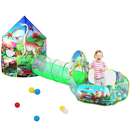 3pc Dinosaur Play Tent for Boys with Ball Pit, Crawl Tunnel, Play Tents for Toddlers, Baby Space World Playhouse Toys, Boys Indoor& Outdoor Play House, Perfect Kid’s Gifts