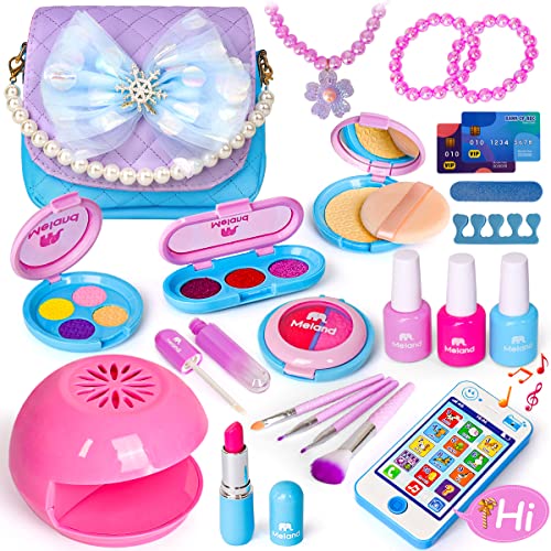 Meland Kids Makeup Kit – Girl Pretend Play Makeup & My First Purse Toy for Toddler Gifts with Pink Princess Purse, Smartphone, Sunglasses, Credit Card, Lipstick,Brush,Lights Up & Make Real Life Sound