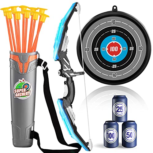 TEMI Kids Bow and Arrow Set – LED Light Up Archery Toy Set with 10 Suction Cup Arrows, 4 Target & Quiver, Indoor and Outdoor Toys Archery Boys Toys Gifts for 3-12 Years Old Boys Girls