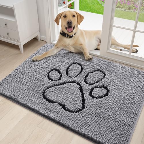 smiry Dog Door Mat for Muddy Paws, Absorbent Dirt Trapper Non-Slip Washable Mat, Quick Dry Chenille, Mud Mat for Dogs, Entry Indoor Door Mat for Inside Floor (30×20 Inches, Grey)